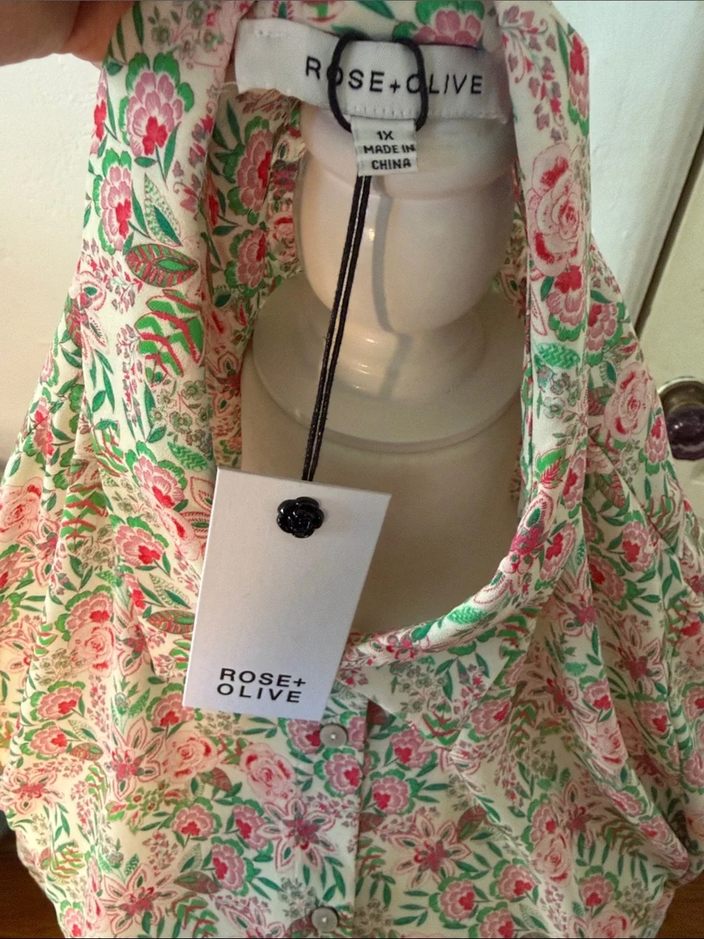 Rose & Olive Floral Button-Front Top in Cream, Pink and Green - Picture 2 of 2